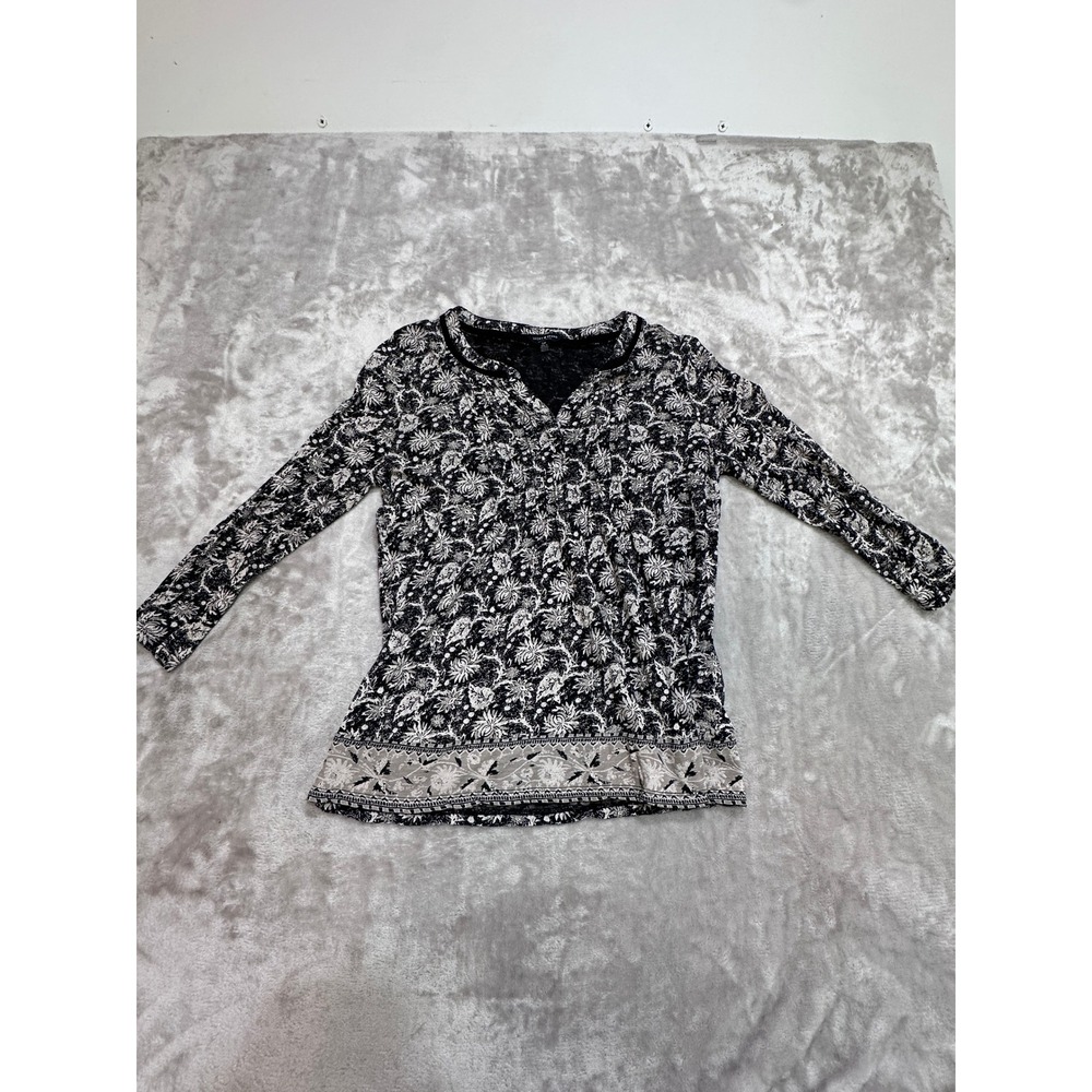 Lucky Brand Womens Black White Floral Long Sleeve Split Neck Top Size S